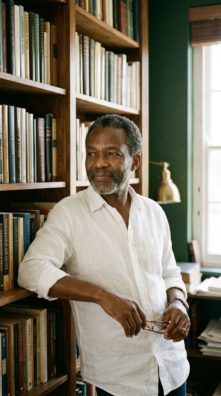 Richard Oluyinka in his study, leaning against a bookshelf