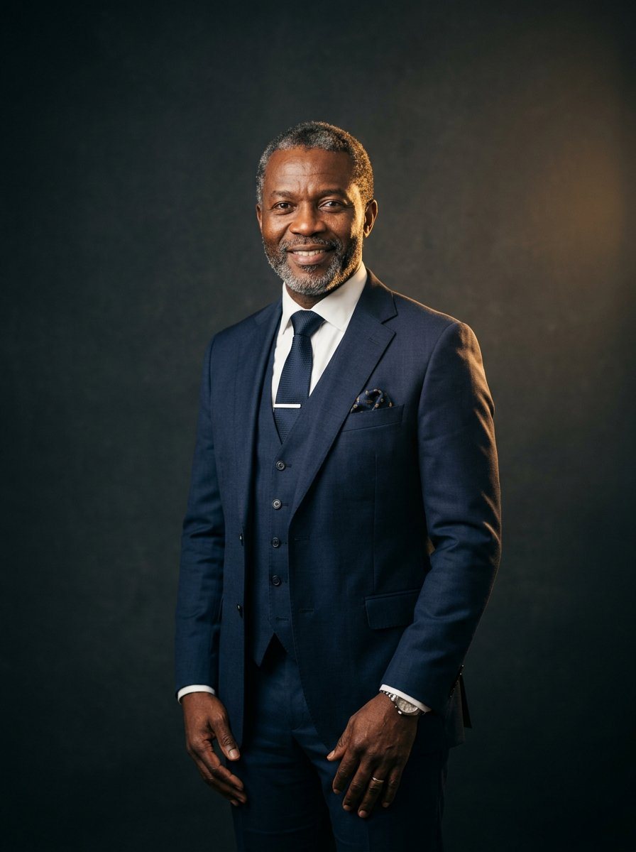 Portrait of Pastor Richard Oluyinka in a navy three-piece suit