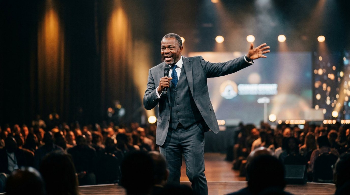Richard Oluyinka speaking on stage at a conference